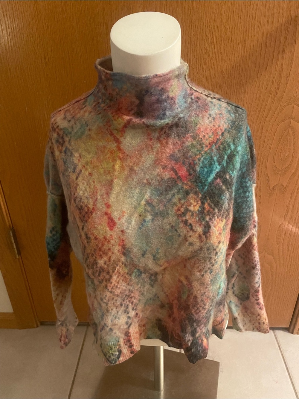 Pilcro 100% Cashmere Multicolor Turtleneck Sweater in Teal, Pink & Cream
